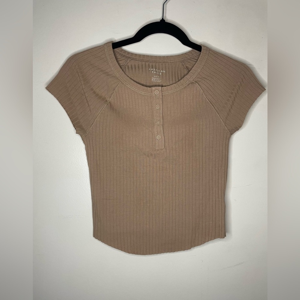 American Eagle Beige Ribbed Short Sleeve Tee top